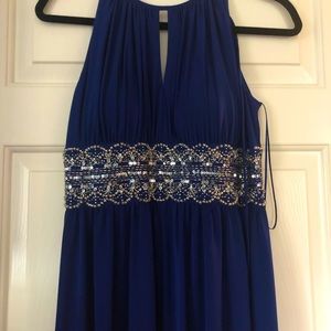 R &M Richards halter neck full length gown with silver sequin embroidery